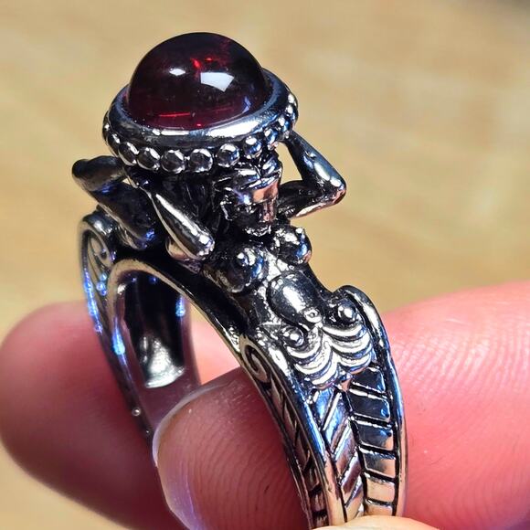 Size 10 Mermaid Sea Red Stone Platinum Ring – Baroque Atlas Deity Design - Picture 1 of 4